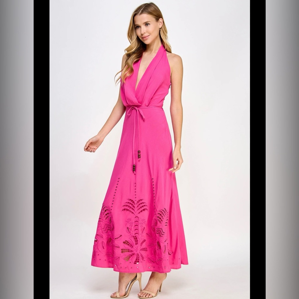 🌸Elegant Magenta Halter Maxi Border Laser Cut Embroidery Dress🌸